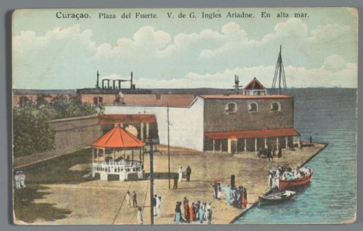 Curaçao: Plaza del Fuerte. View of the English ship Ariadne. At sea