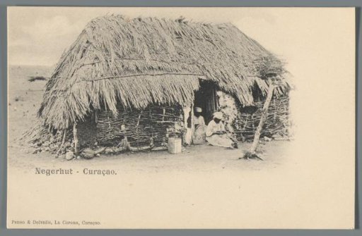 View of a house with a roof of dried leaves in Curaçao
