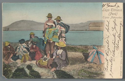 Group portrait of people from Peru with Lake Titicaca in the background