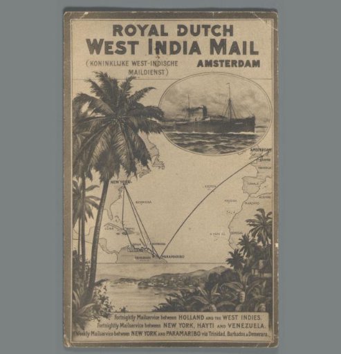 Collage with a view of a ship, the route of the Royal West-Indic Mail Service, and a coastal view with palm trees