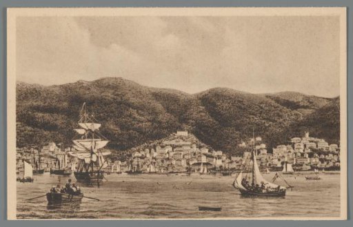 West Indies, Landscape: View of St. Thomas (West Indies) from the Harbor. Here on December 13, 1732, the first Herrnhuter missionaries Leonhard Dober and David Nitschmann landed.