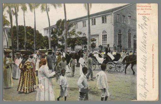 Wedding procession in front of the church in Paramaribo