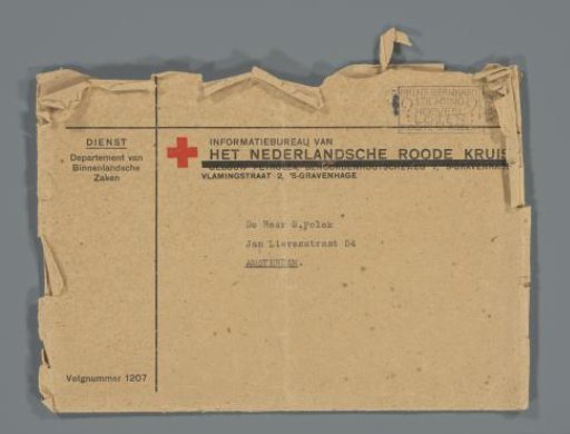 Envelope belonging to the letter of the Dutch Red Cross regarding the death of Mirjam Polak-Rabbie