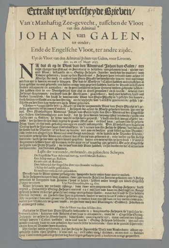 Extract from various Letters of the Gallant Sea-Fight, between the Fleet of Admiral Johan van Galen, on one side; and the English Fleet, on the other side