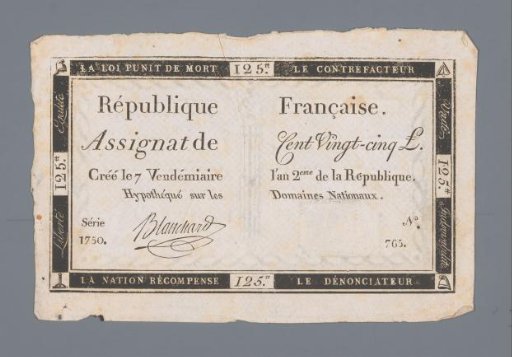 Assignat of one hundred and twenty-five livres, series 1750, no. 765 issued 28 September 1793