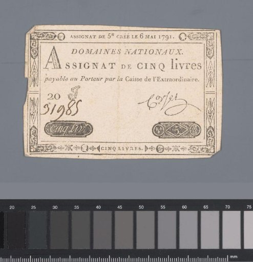 Assignat of five livres, series 20 I no. 31985 issued 6 May 1791