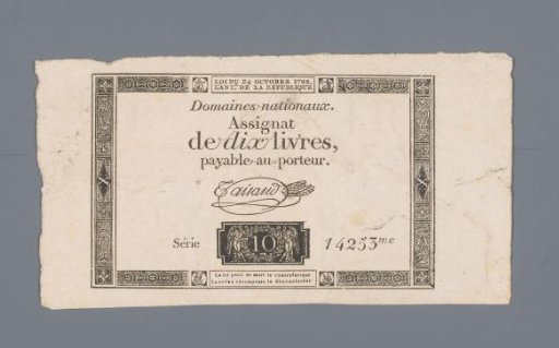 Assignat of ten livres, series 14253 issued 24 October 1792