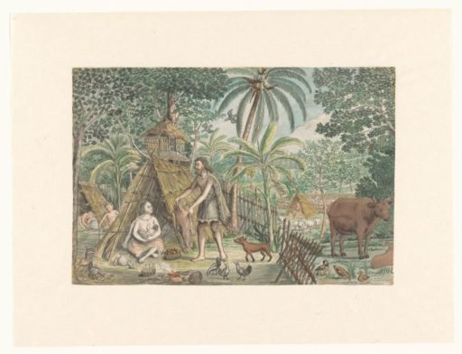 Adam and Eve in an idyllic village scene