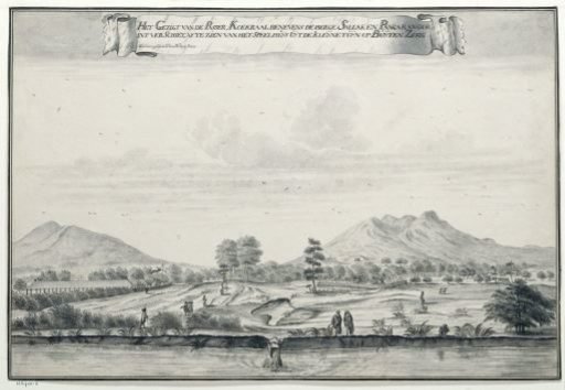View of the Passer, Koekraal together with the mountains Sallak and Pangarangoe in the distance, to be seen from the Playhouse in the small garden at Buitenzorg