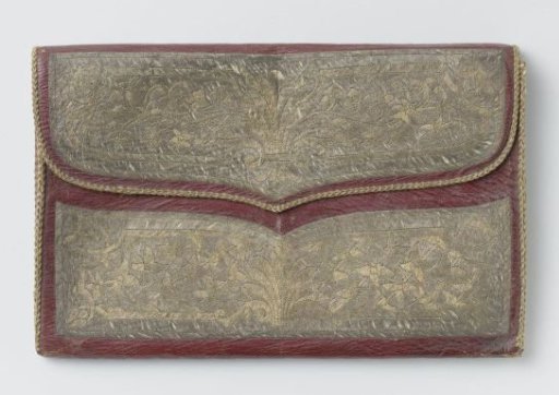 Letter bag from Constantinople made of red (morocco) leather, with gold and silver thread embroidery on the front, back, and flap