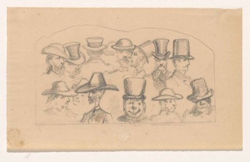 Sketch for a caricature with thirteen heads wearing hats