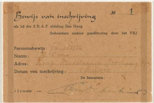 Certificate of membership of the SDAP of Dr. W. Drees from 1945