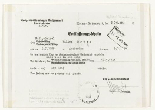 Photocopy of the front of a discharge slip from concentration camp Buchenwald