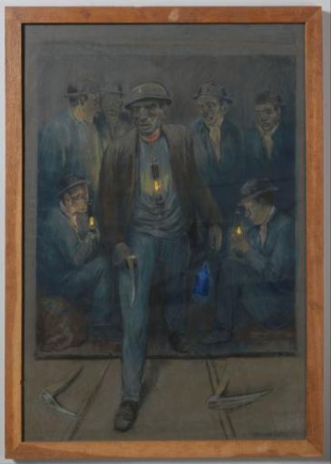 Miners leaving a cage