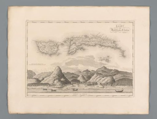 Map of Pulau Seram and Pulau Buru with below it a view of one of the islands from the Ceram Strait