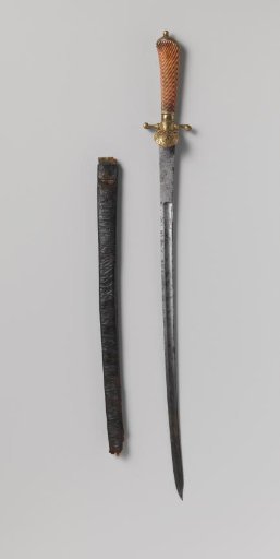 Short straight-pointed sword with copper quillons and stag-horn grip with scabbard