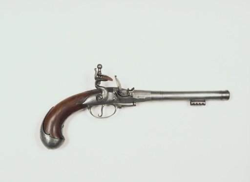 Cavalry Pistol with Brown Wooden Stock, Featuring Iron Plates with Engraved Ornament