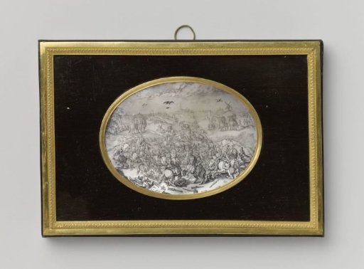 Engraving on mother-of-pearl depicting the mounted duel between Viscount De Breauté and Gerard Abrahams 'Lekkerbeetje' on the Vught heath on 5 February 1600
