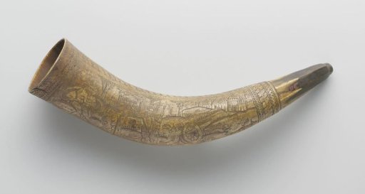 Cow's horn carved with war trophies