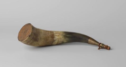 Powder Horn Made of Cow Horn with Wooden Base and Copper Mouth