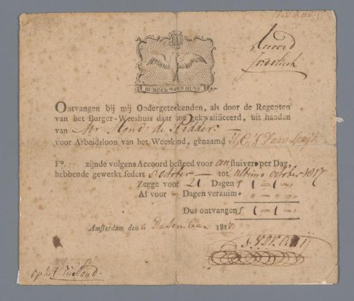 Wage slip from the Burger Orphanage for J.C.J. van Speyk