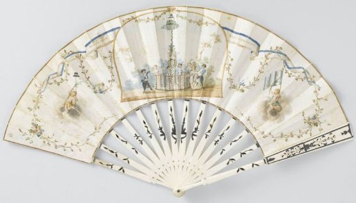 Folding fan, with paper leaf painted in watercolour on the front with a dancing crowd around a Tree of Liberty, a red-white-blue scroll, putti with a liberty cap and flag and on the back a Keeshond with liberty cap, on a mount of bone inlaid with silver leaf