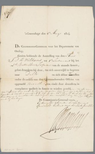 Order to First Lieutenant J.D.B. Wilkens to proceed to Delft, 8 August 1814