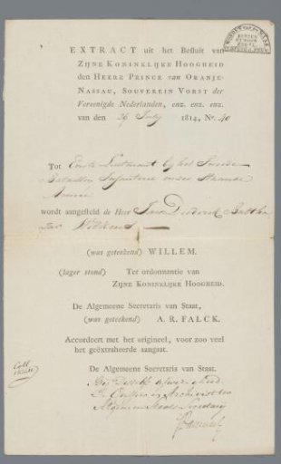 Appointment of J.D.B. Wilkens as first lieutenant in the 2nd Battalion of Infantry, 28 July 1814