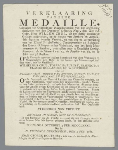 Printed Explanation Accompanying the Silver Medal of Willem Crul