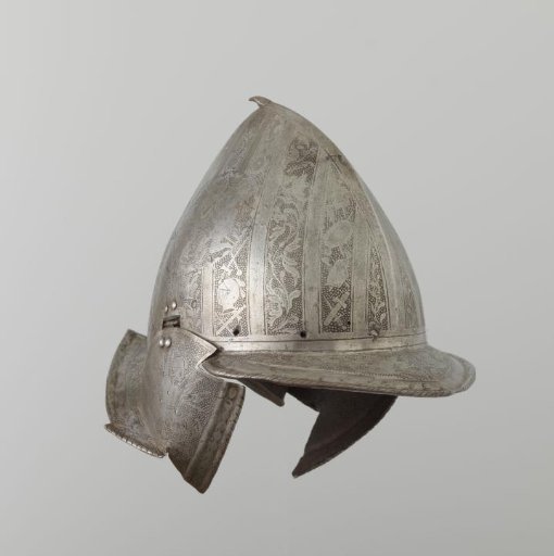 Morion helmet with etched ornaments and two decorated medallions