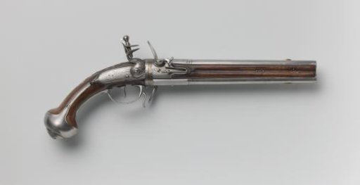 Cavalry pistol with two barrels, a snarling mask and coat of arms on the stock