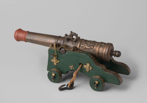 (Ornamental) artillery, bronze, mounted on a wooden carriage with iron fittings