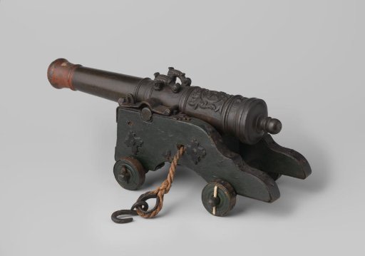 Artillery piece, bronze, mounted on a wooden iron-fitted wheeled carriage
