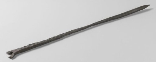 Crowbar of iron with a point at the lower end and two flat broken wings at the upper end