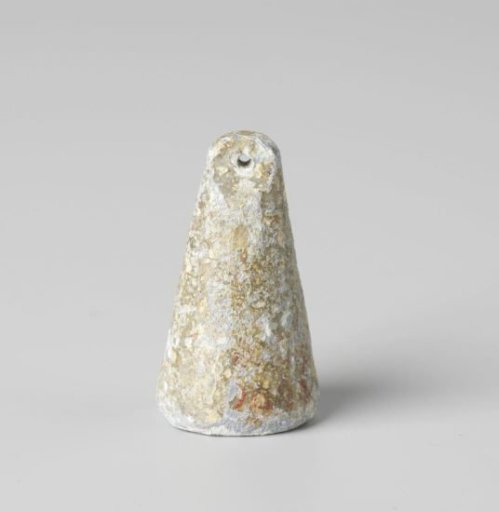 Lead weight, bullet weight, or shot weight, conical with a flattened top featuring a hole