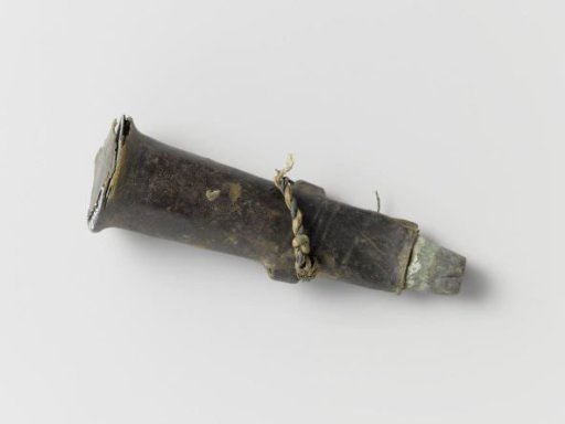 Musketmaat without cap, with leather and brass base, leather ear loops, and remnant of string