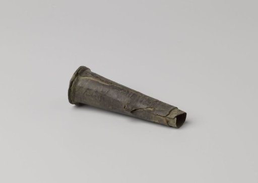 Brass powder measure with a leather case and leather earpieces