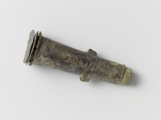 Brass musket measure with a leather casing and leather ears