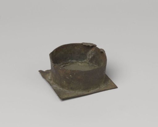 Bowl consisting of a square base upon which a circular upright wall is soldered