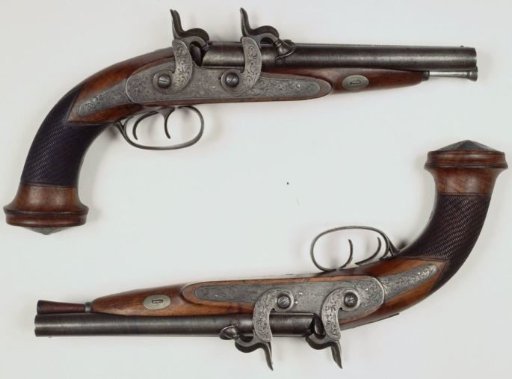 Percussion pistol with two barrels and four hammers