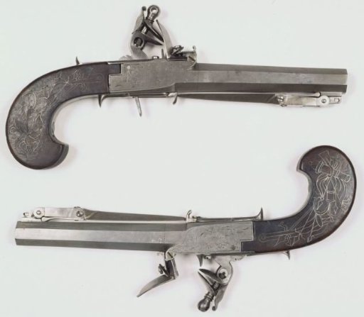 Flintlock pistol with bayonet, part of a pair