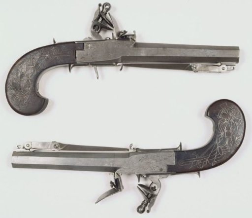 Flintlock pistol with bayonet, part of a pair