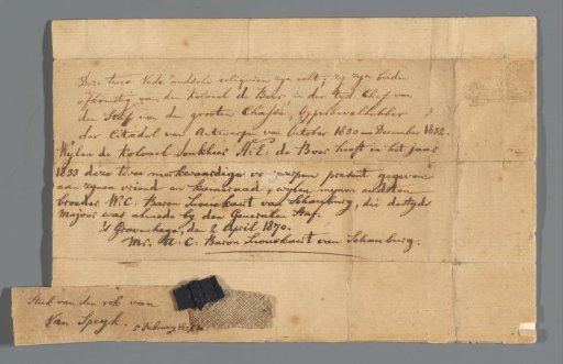 Provenance statement with piece of cloth and lining of the uniform jacket of J. van Speyk