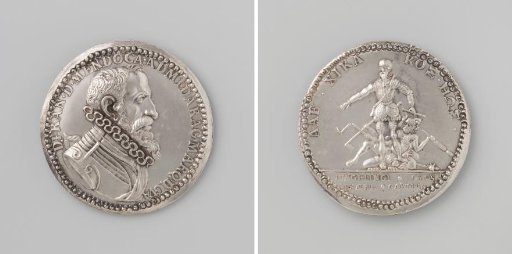 Statue, made by Jacques Jonghelinck, erected for the Duke of Alba in the citadel of Antwerp, medal in honor of Don Francisco de Mendoza