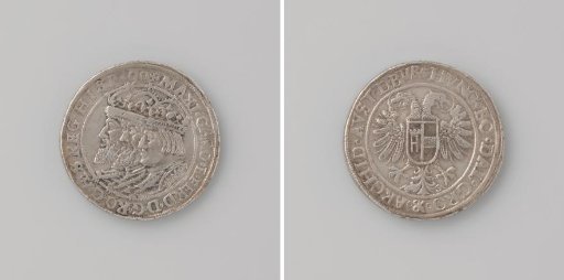 Double thaler (double triple imperial thaler) from Bohemia of Rudolf II, with the heads of Maximilian I, Charles V, and Ferdinand I, German Emperors