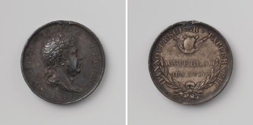 Battle of Waterloo, badge awarded to soldier Berend Rammelkamp, Landwehr in the Bentheim battalion, in honor of Prince-Regent George, Elector of Hanover