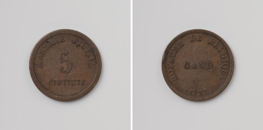 House token of the House of Correction in Ghent, worth five centimes