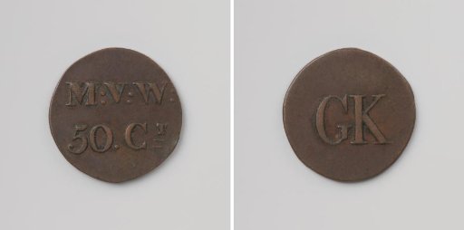 House token struck by order of the Society of Benevolence, valued at 50 cents, for the benefit of the Ordinary Colonies