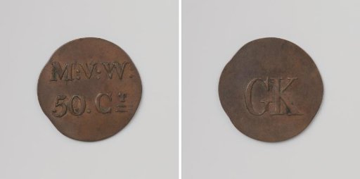 House token struck by order of the Society of Benevolence, valued at 50 cents, for the benefit of the Ordinary Colonies