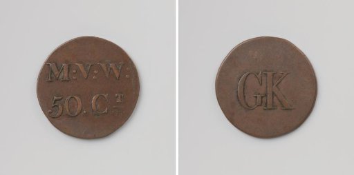House token struck by order of the Society of Benevolence, valued at 50 cents, for the benefit of the Ordinary Colonies
